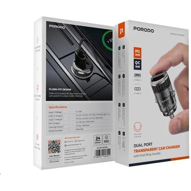 شارژر فندکی 36 وات پرودو Porodo Dual Port Transparent Car Charger FWC086